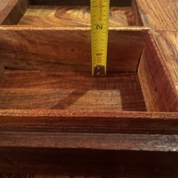 Wooden Box Hand Carved Brass Inlaid Floral Hinged India Vtg Trinket Pen Artisan - Picture 16 of 16